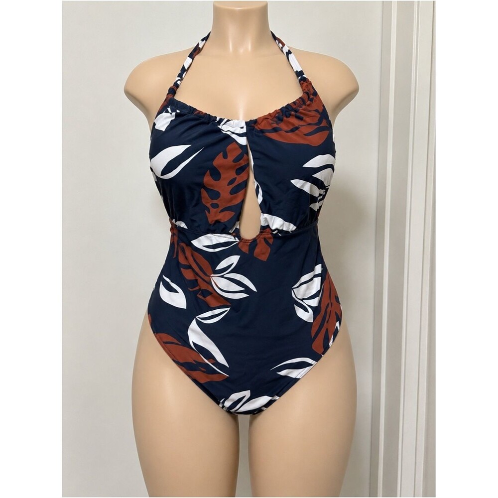 Women’s 5X Tropical Leaf Print One Piece Swimsuit Halter Plus Size Navy Brown